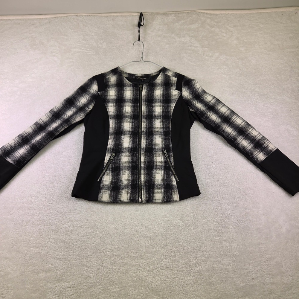 Baccini Womens Plaid Full Zip Jacket Black White Collarless Small Pockets